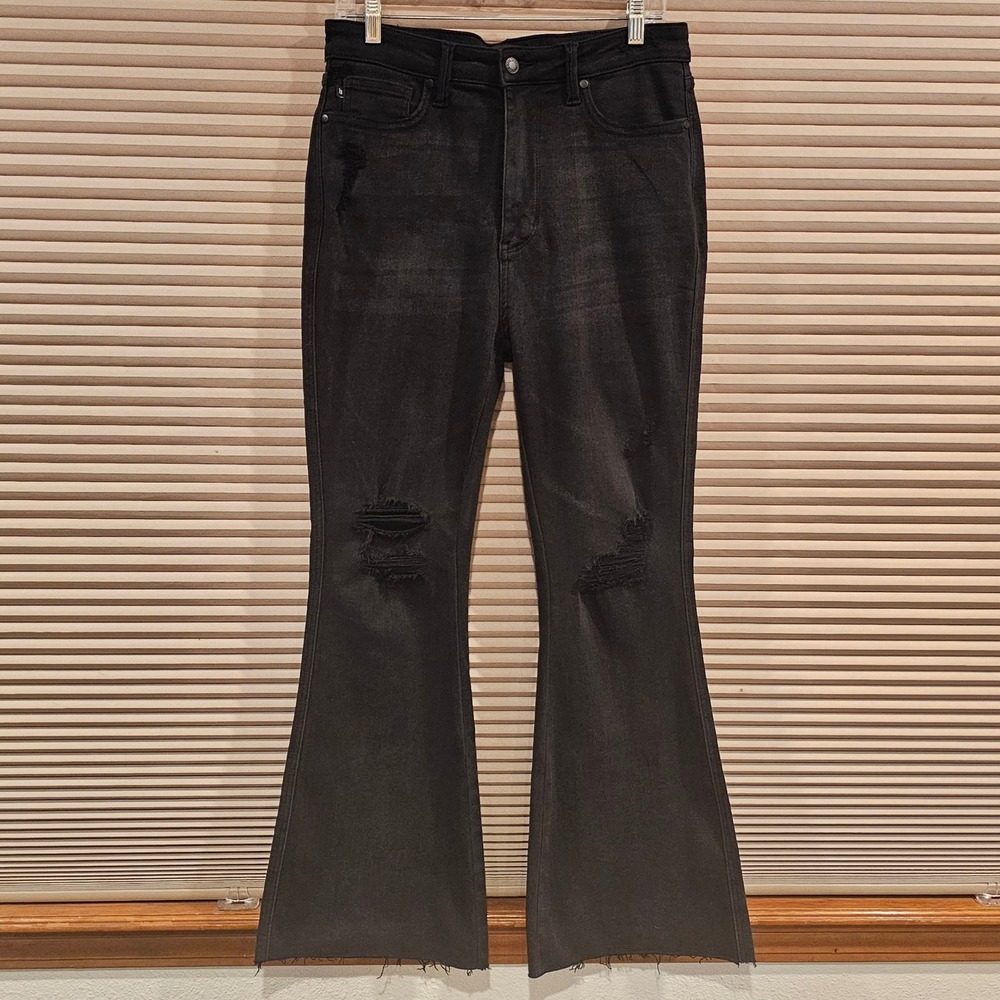 Judy Blue Black Stretch Distressed Flare‎ Jeans Black High Rise Raw Hem Sz 13/31